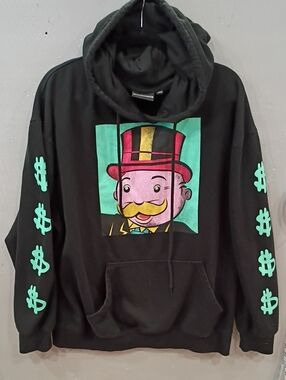 Monopoly Black Graphic Hoodie Sweatshirt with Colorful Cartoon Print